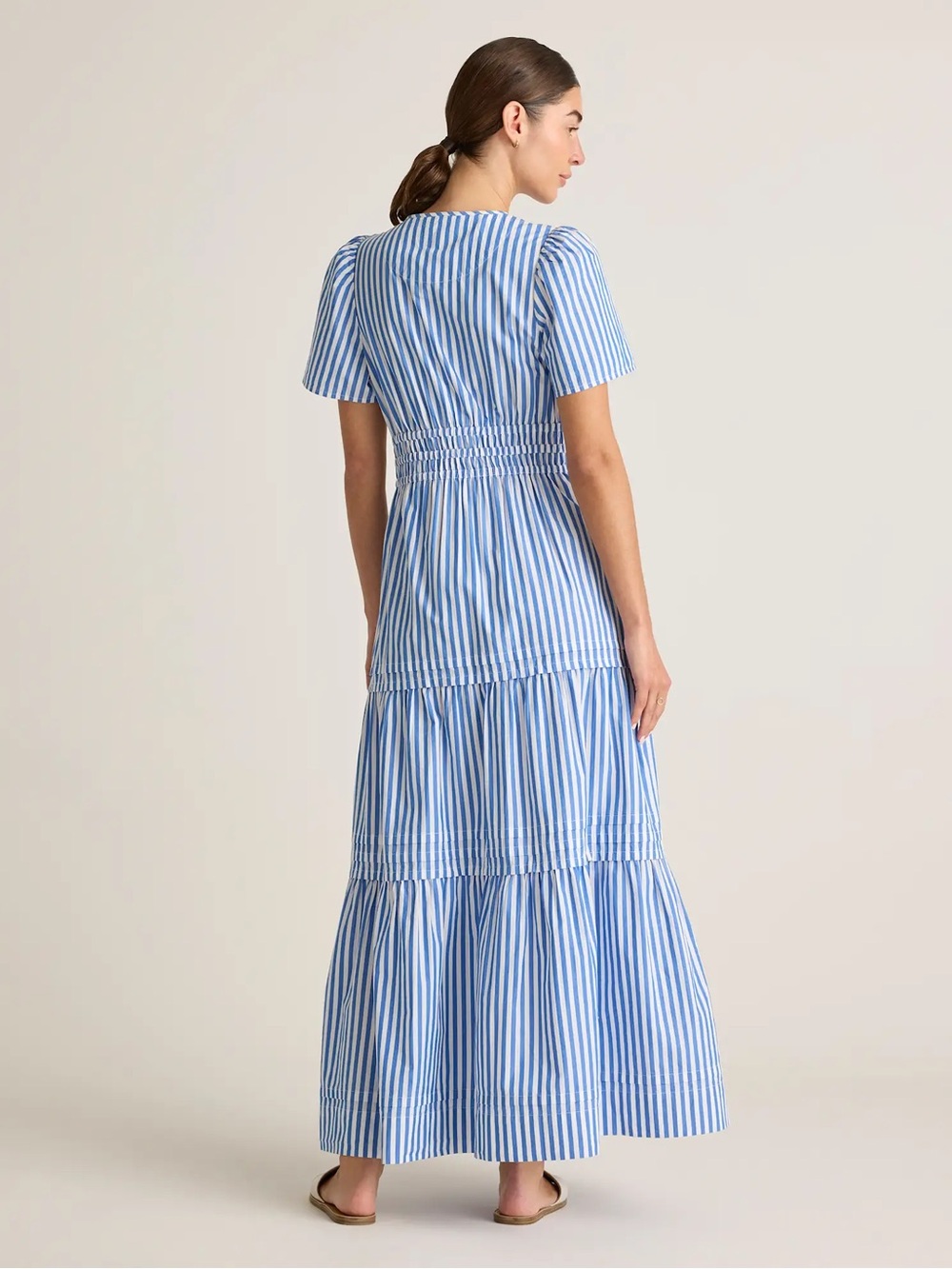 Quince Blue White Azure Stripe Organic Cotton Poplin Tiered Maxi Dress Large - Picture 3 of 16